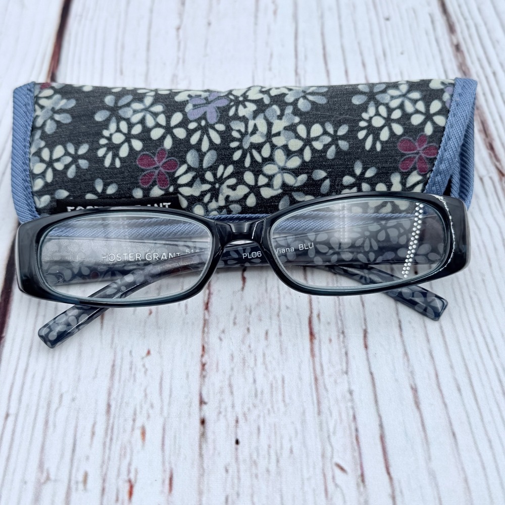 Foster Grant Viana BLU +2.00 Reading Glasses Blue Floral Rectangular PL0617 Case